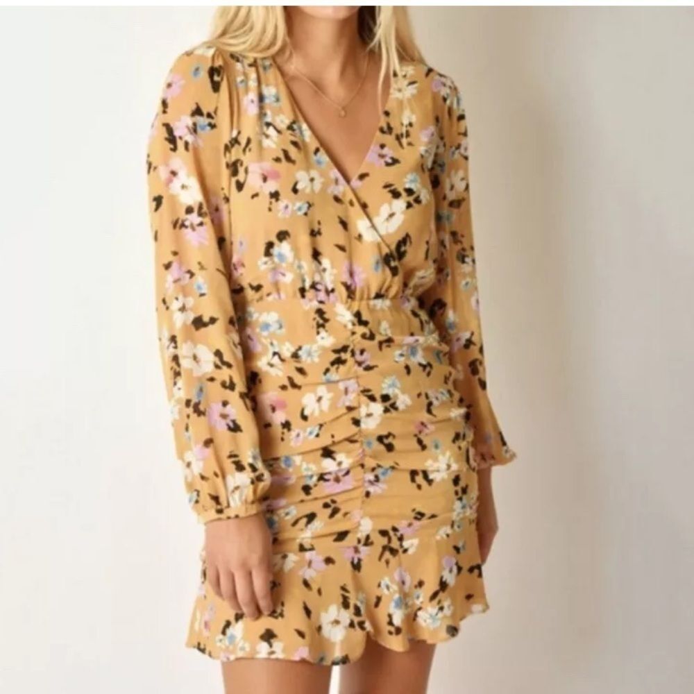 NWT Sanctuary Dreamer Floral-Print Ruched Mini Dress‎ Women's 14 Cafe Floral